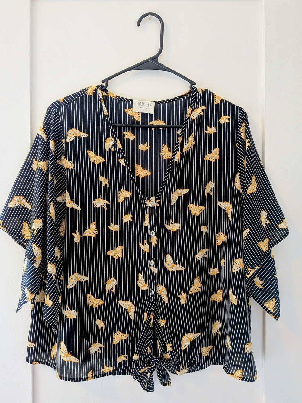 Navy Butterfly-Print Button Front Top